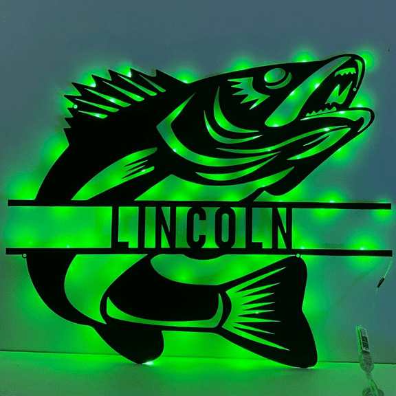 Craftnamesign Custom Walleye Fish Metal Wall Art LED Light, Fisherman Name Sign