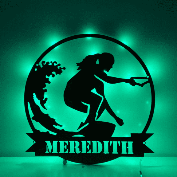 Craftnamesign Custom Wave Surfing Metal Wall Art LED Light, Surfing Player Name Sign Wall Decor