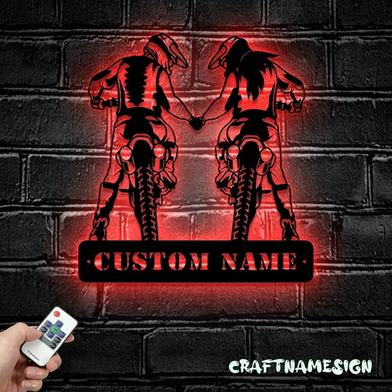 Craftnamesign Custom Motocross Biker Couple Metal Wall Art LED Light, Custom Dirt Bike Name Sign