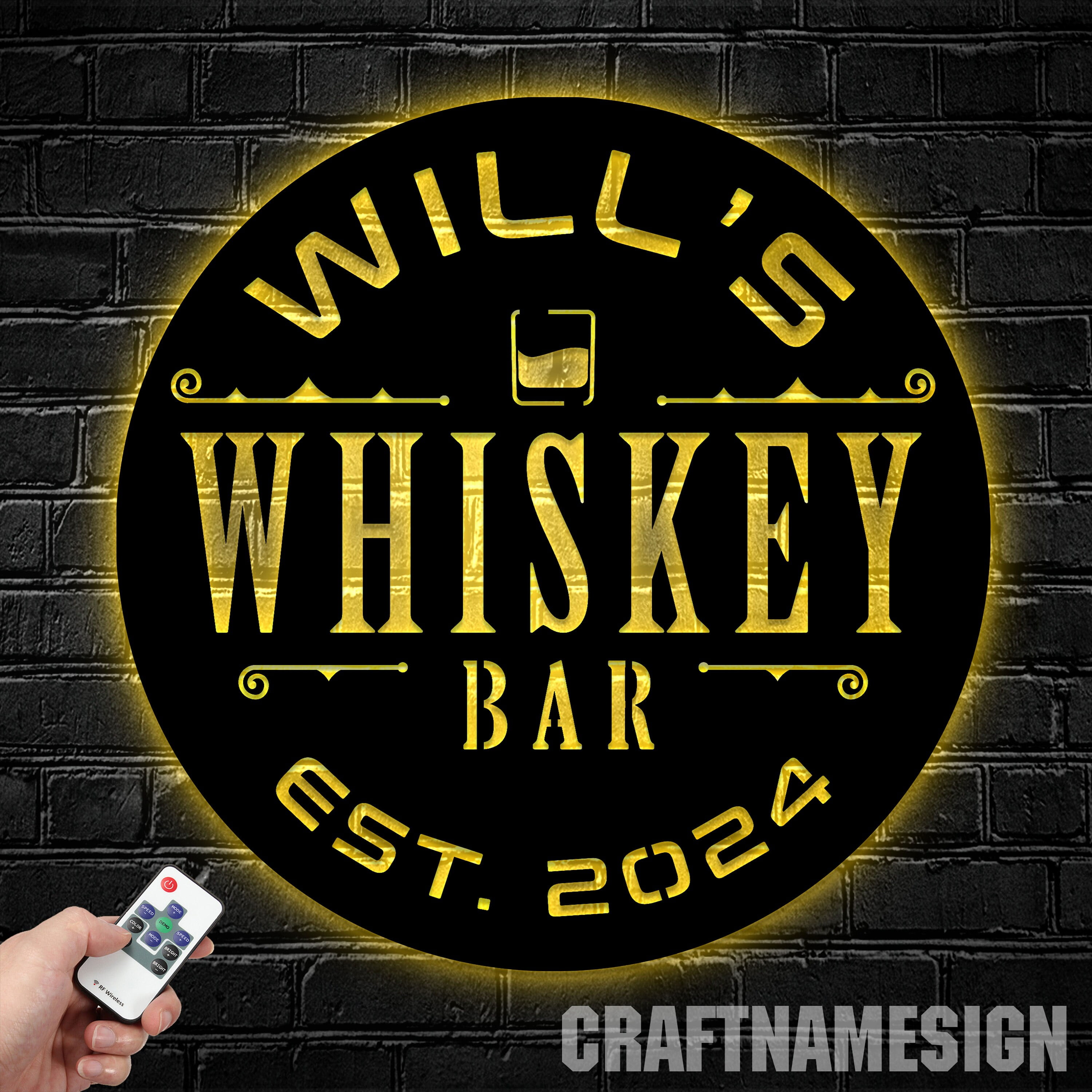 Craftnamesign Custom Whiskey Bar Metal Wall Art Light, Custom Home Bar