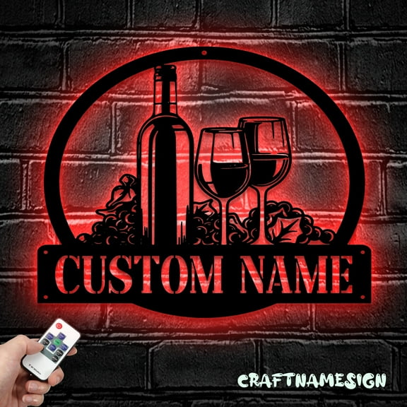 Craftnamesign Custom Wine Bar Metal Wall Art LED Light, Personalized Alcohol Drinking Name Sign