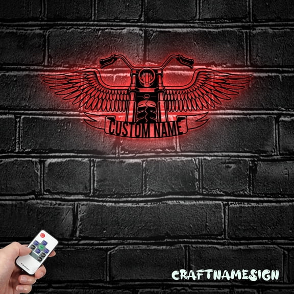 Craftnamesign Custom Wings Motocross Metal Wall Art LED Light, Custom Motorcycle Memorial Name Sign