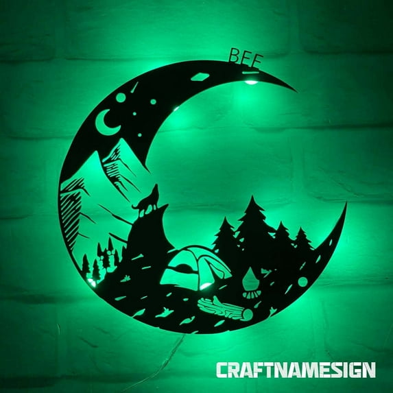 Craftnamesign Custom Wolf On The Moon Metal Sign, Howling Wolf Sign Home Decor, Crescent Moon Decor