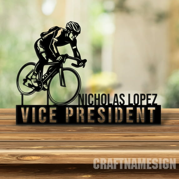 Craftnamesign Custom Wooden Bicycle Desk Name Plate, Cycling Metal Nameplate, Biker Desk Nameplate