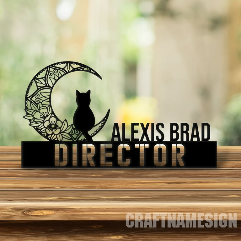 Craftnamesign Custom Wooden Black Cat On The Moon Desk Name Plate Cat Metal Nameplate for desk