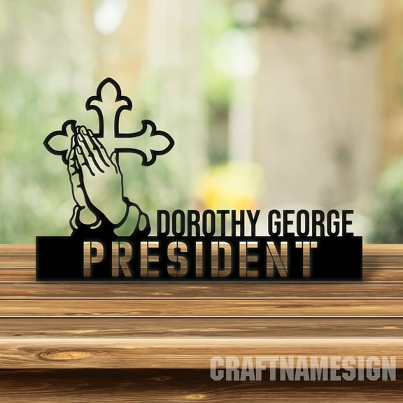Craftnamesign Custom Wooden Cross With Praying Hand Desk Name Plate, Metal Nameplate for desk