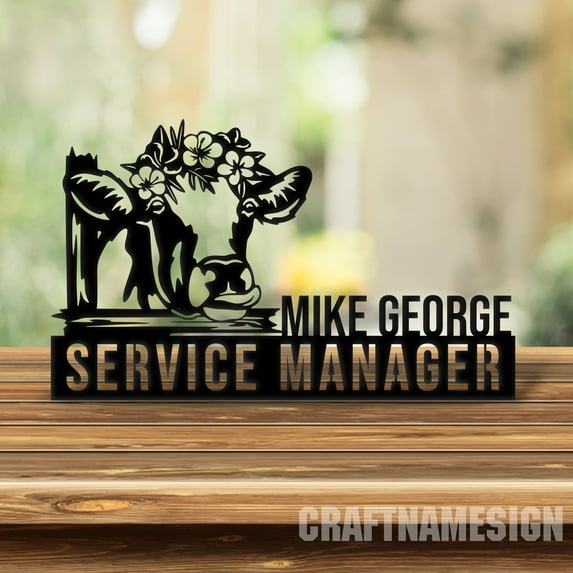 Craftnamesign Custom Wooden Floral Cow Desk Name Plate, Farmhouse Metal Nameplate for desk