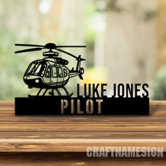 Craftnamesign Custom Wooden Helicopter Airplane Desk Name Plate, Pilot Metal Nameplate for desk