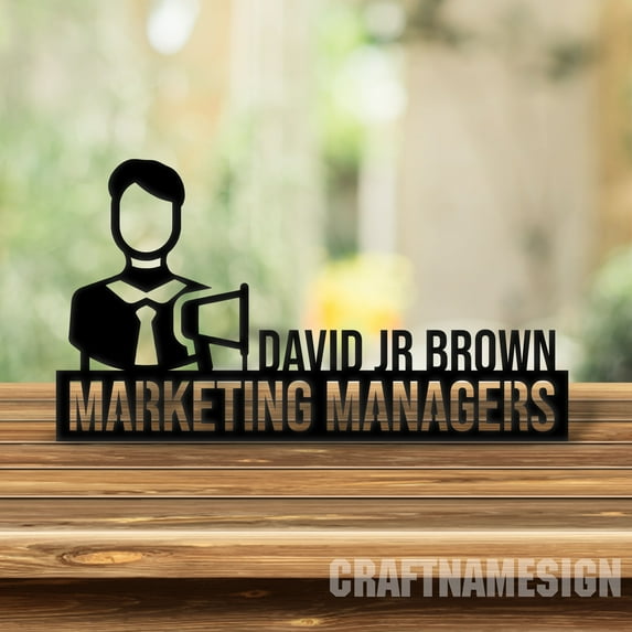 Craftnamesign Custom Wooden Marketing Manager Desk Name Plate, Marketer Metal Nameplate for desk
