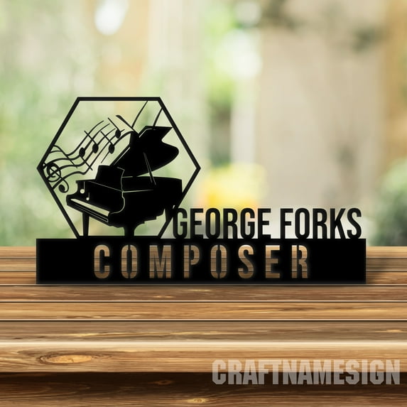 Craftnamesign Custom Wooden Piano Player Desk Name Plate, Pianists Musician Metal Nameplate