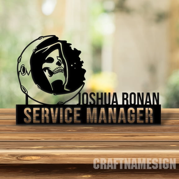 Craftnamesign Custom Wooden Skull and Moon Desk Name Plate, Emo Goth Skeleton Metal Nameplate