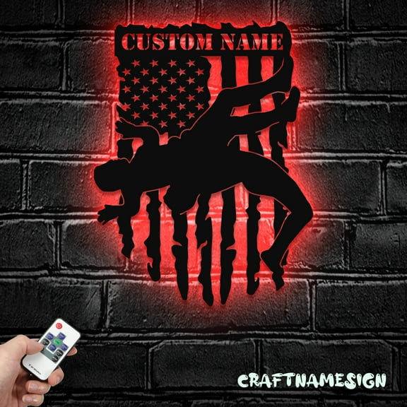 Craftnamesign Custom Wrestler Metal Wall Art LED Light, Personalized Wrestling Name Sign