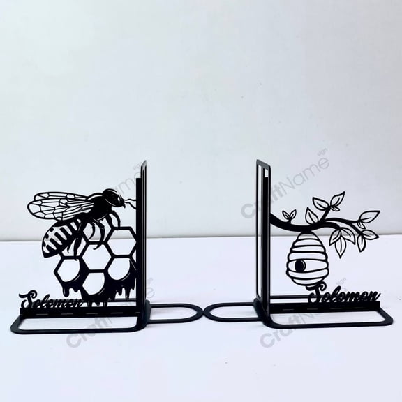 Craftnamesign Customized Bee Honey Name Metal Bookends, Bee Comb Book Shelf Holder