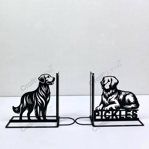 Craftnamesign Customized Golden Retriever Metal Bookends For Shelves, Dog Pet Book Shelf Holder