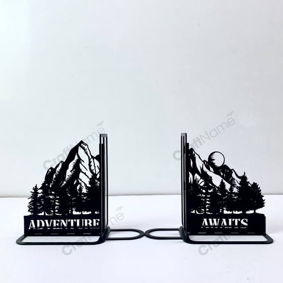 Craftnamesign Customized Mountain Forest Name Metal Bookends, Mountain Black Metal Desk Decor