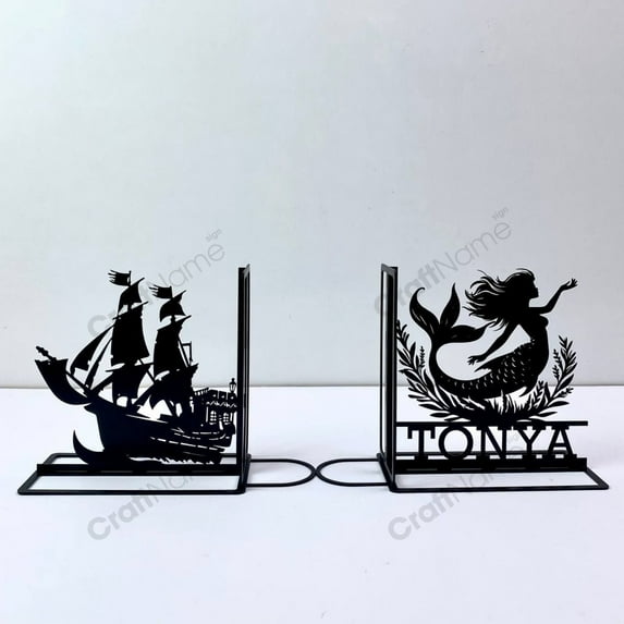 Craftnamesign Customized Nautical Metal Bookends For Shelves, Mermaid Bookshelf Decor