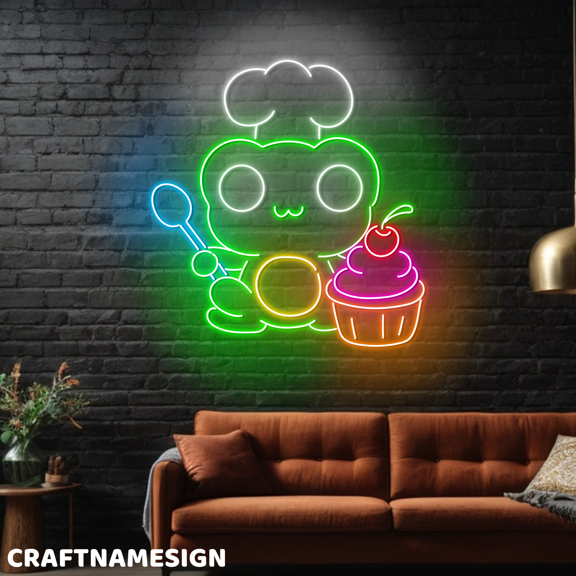 Craftnamesign Cute Frog Cupcake Neon Light For Wall Decor, Cake Store LED Wall Art