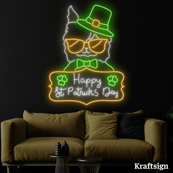 Craftnamesign Cute llama Neon Signs, Happy St. Patrick’s Day Sign Decor