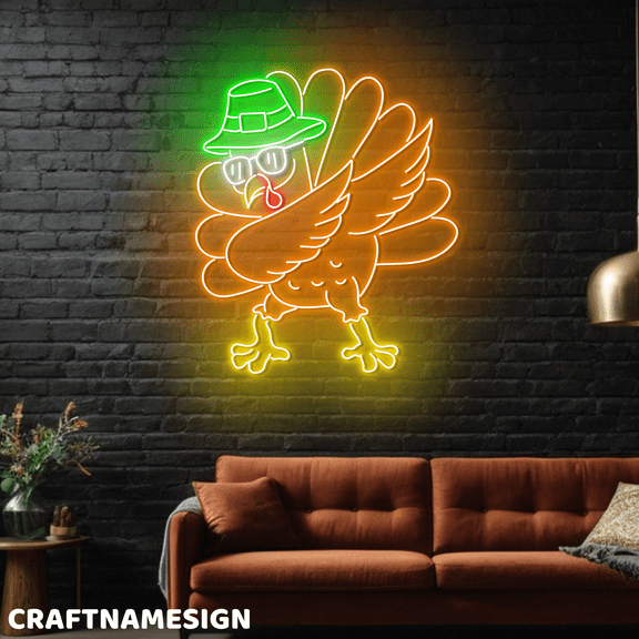 Craftnamesign Dabbing Turkey Neon Light Wall Art, Turkey LED Sign Thanksgiving Decor