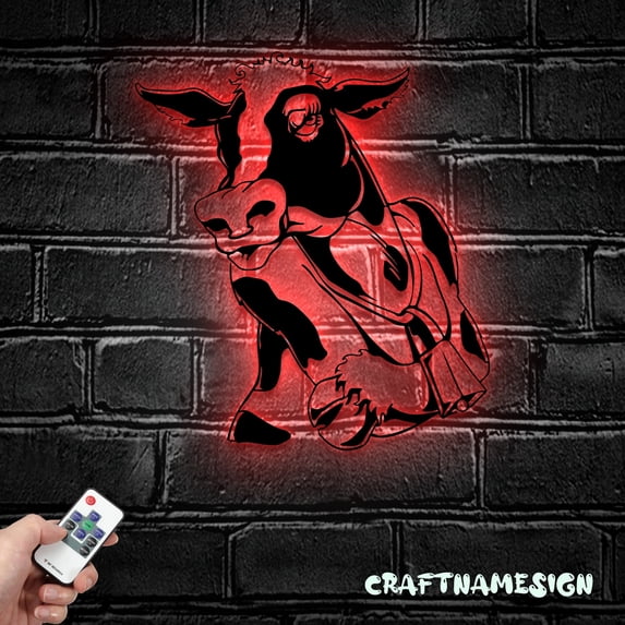 Craftnamesign Dairy Cow Farmhouse Metal Wall Art LED Light, Funny Cow Farm Sign