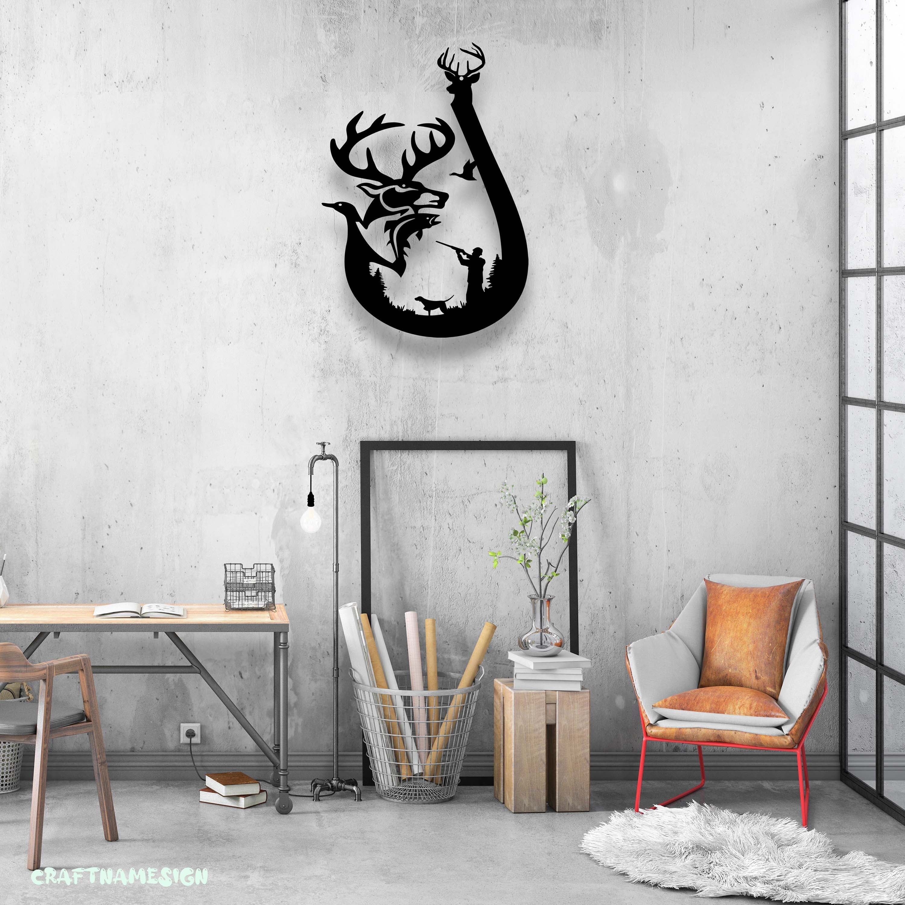 Craftnamesign Deer Duck And Fish Hunting Metal Wall Art LED Light, Hunter Sign Home Decor