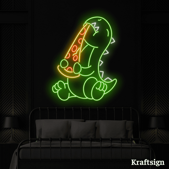 Craftnamesign Dinosaur Eat Pizza LED Neon Sign, Pizza Restaurant Decor