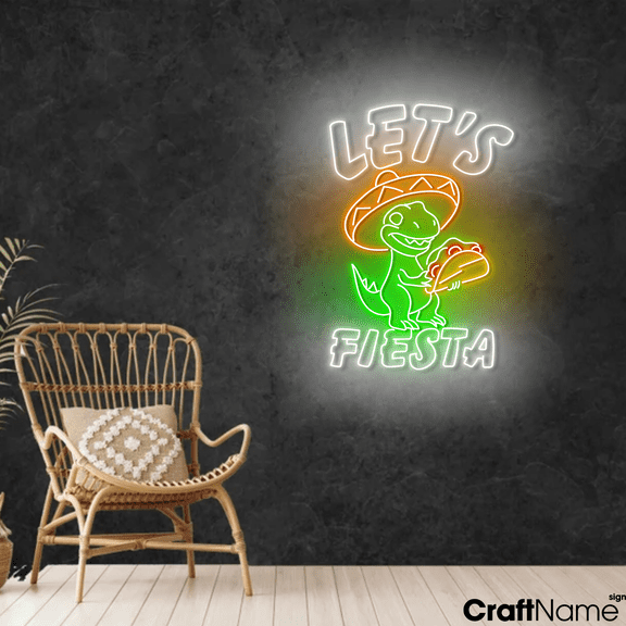 Craftnamesign Dinosaur Let's Fiesta LED Neon Light For Mexico Tacos Store Wall Decor