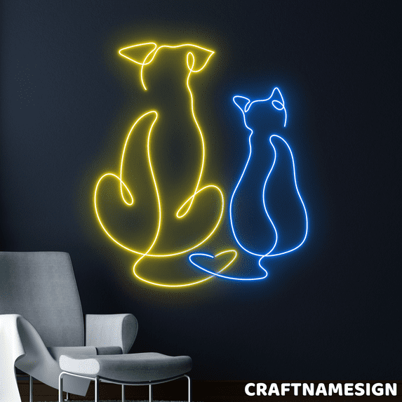 Craftnamesign Dog And Cat Line Art Neon Sign, Bestie Wall Art, Kids Room Wall Decor