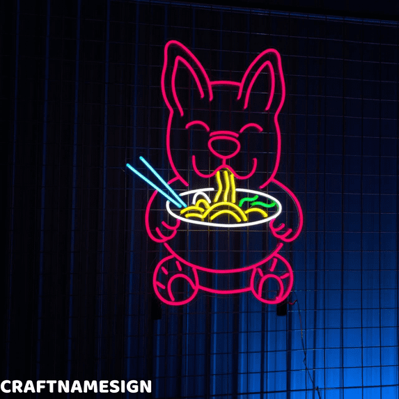 Craftnamesign Dog Eating Ramen Neon Sign, Japanese Noodles Restaurant Wall Art