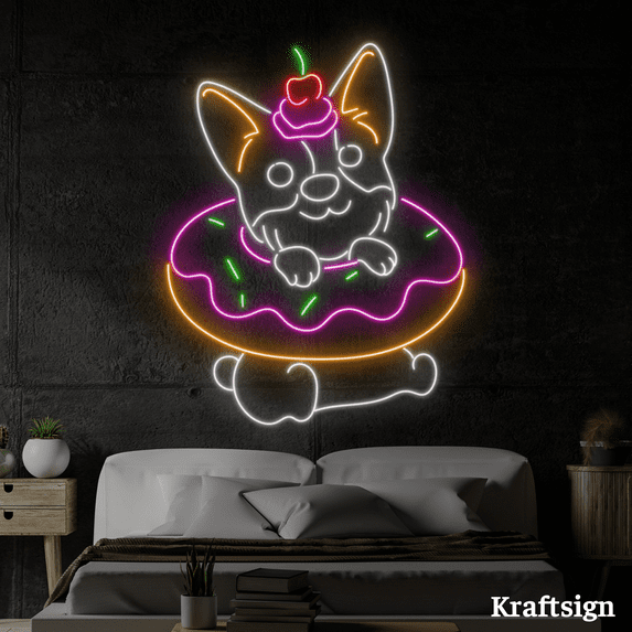 Craftnamesign Dog With Donut Neon Sign, Donut Shop Decor, Nursery Decor