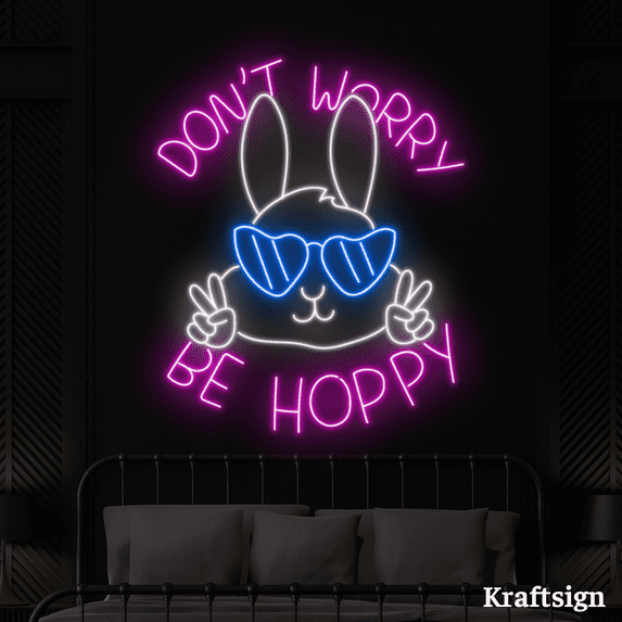 Craftnamesign Don't Worry Be Hoppy Neon Sign, Easter Day Signs, Rabbit Decor