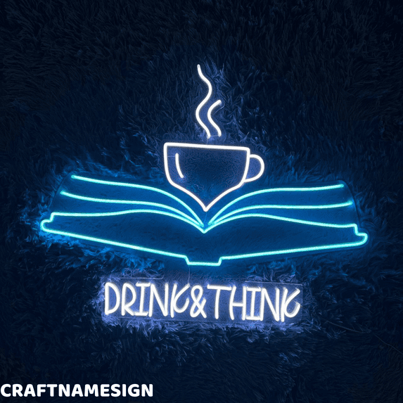 Craftnamesign Drink & Think Neon Sign, Library Wall Art, Coffee Wall Decor