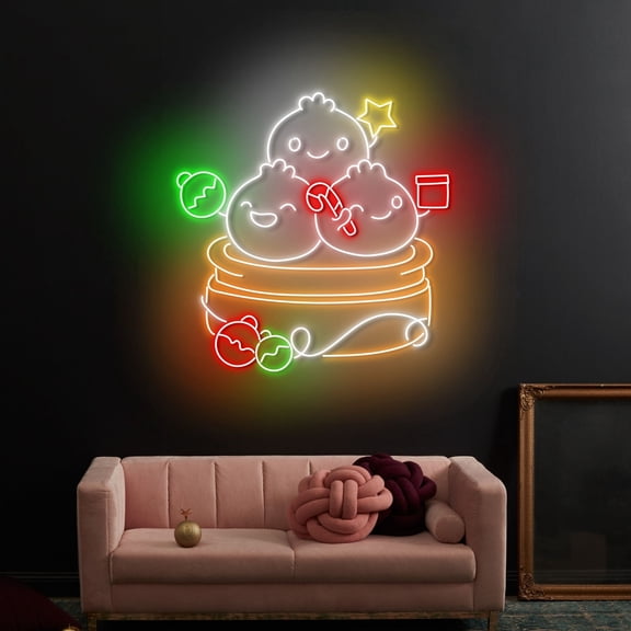 Craftnamesign Dumpling Xmas Neon Sign, Chinese Dumpling Restaurant LED Light, Christmas Wall Art