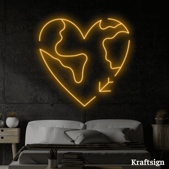 Craftnamesign Earth Map Neon Sign, Heart LED Sign, Travel Lover Gifts
