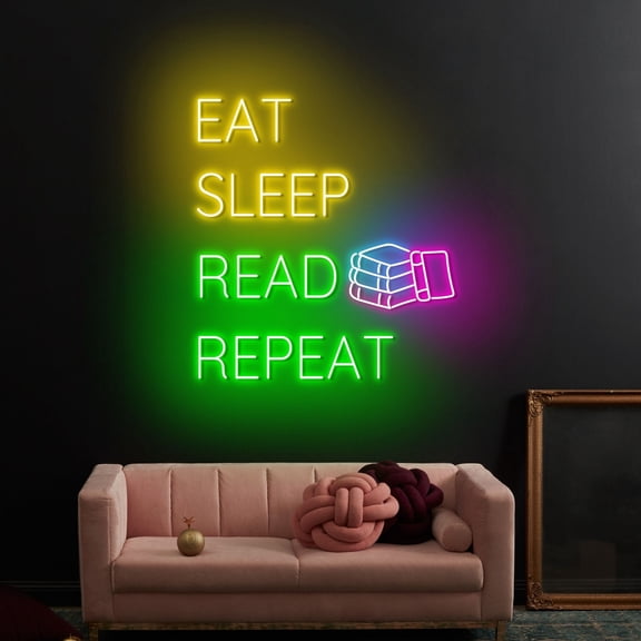 Craftnamesign Eat Sleep Read Repeat Neon Light, Read Books Neon Sign Decor, Reading Room Wall Art