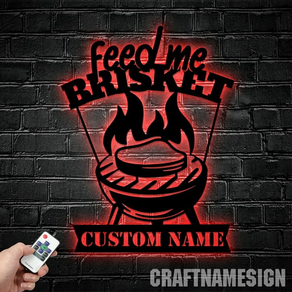 Craftnamesign Feed Me Brisket Metal Sign LED Light, BBQ Restaurant Sign, Kitchen Decor
