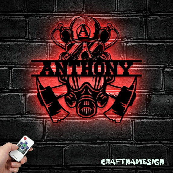 Craftnamesign Fireman Metal Wall Art LED Light, Personalized Fireman Metal Sign Home Decor