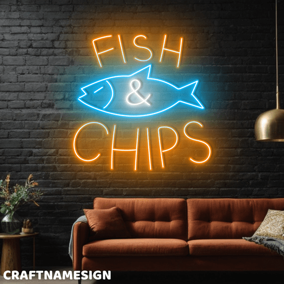 Craftnamesign Fish & Chips Neon Sign, Fast Food Wall Art, British Restaurant Wall Decor