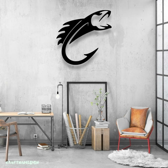 Craftnamesign Fish Hook Metal Wall Art LED Light, Fishing Hook Sign, Fishing Decor