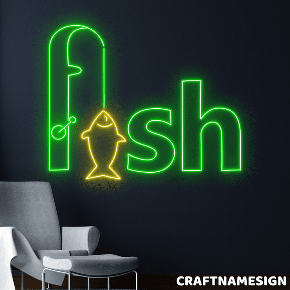 Craftnamesign Fish Neon Sign, Fishing Shop Wall Decor, Fishing Club Wall Art