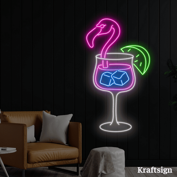 Craftnamesign Flamingo Cocktail Neon Sign, Flamingo Lover Gifts, Bar Decor