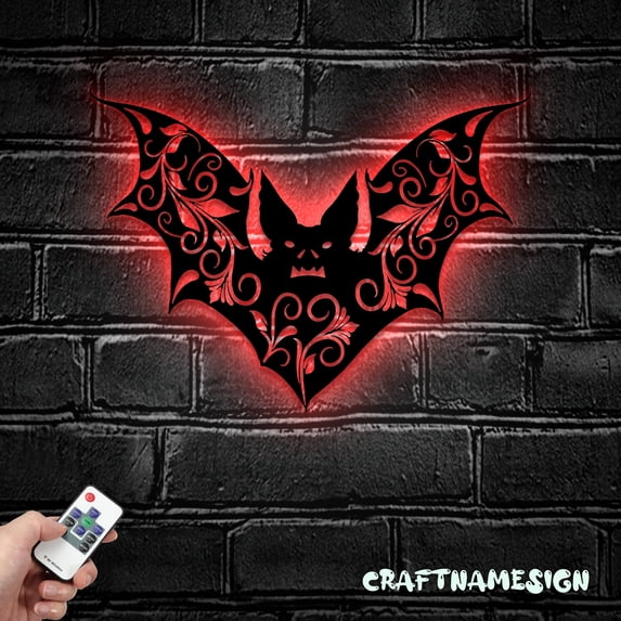 Craftnamesign Floral Bat Metal Wall Art LED Light, Halloween Bat Sign, Bat Wall Decor