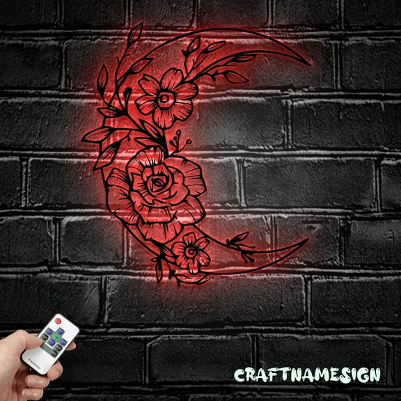 Craftnamesign Flower Moon Metal Wall Art LED Light, Crescent Moon Sign, Moon Wall Decor