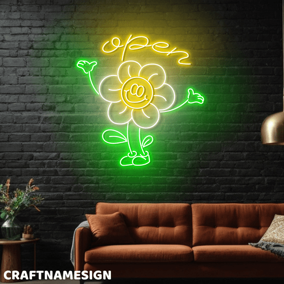 Craftnamesign Flower Welcome Neon Light, Store Shop Wall Decor, Open Sign Wall Art