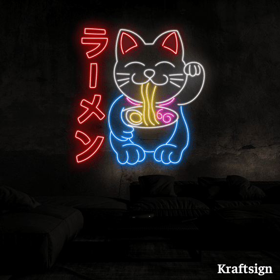 Craftnamesign Fortune Cat Ramen Neon Sign, Japanese Ramen Restaurant Decor