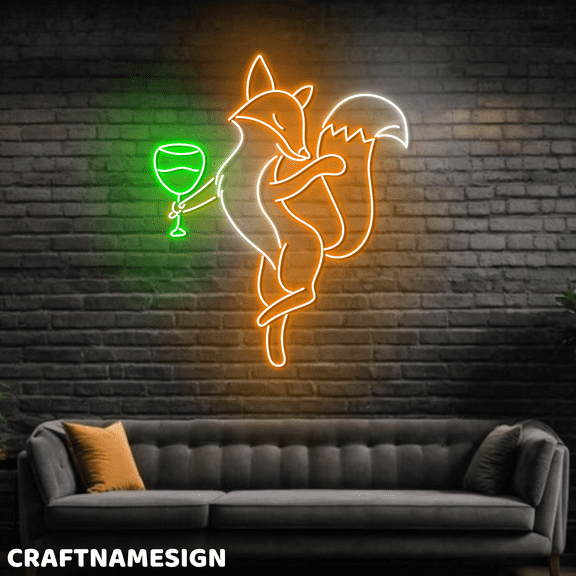 Craftnamesign Fox Drink Wine Neon Sign for Wine Lounge Beverage Store Wall Art
