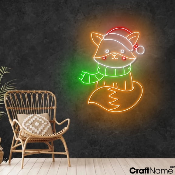 Craftnamesign Fox Santa Hat Neon Light, Fox LED Sign Decor, Christmas Wall Art