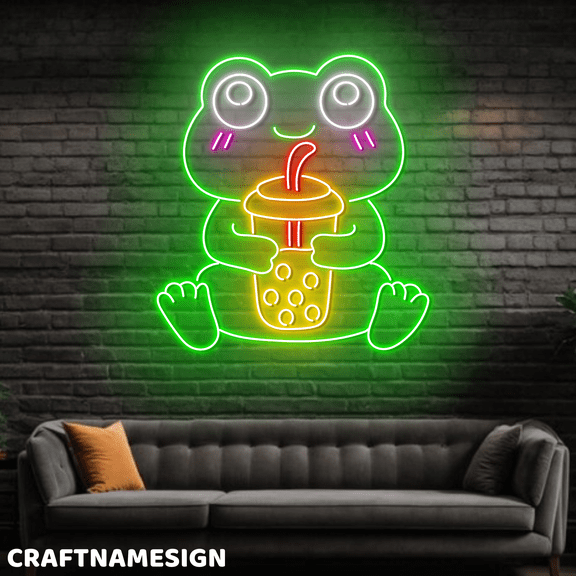 Craftnamesign Frog Drink Bubble Tea Neon Sign For Boba Milk Tea Store Wall Art