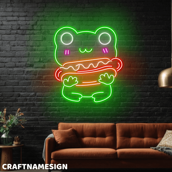 Craftnamesign Frog Hot Dog Neon Light, Animal LED For Fast Food Restaurant Decor