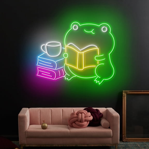 Craftnamesign Frog Reading Book Neon Light, Frog Coffee Store Sign, Library LED Light Wall Art